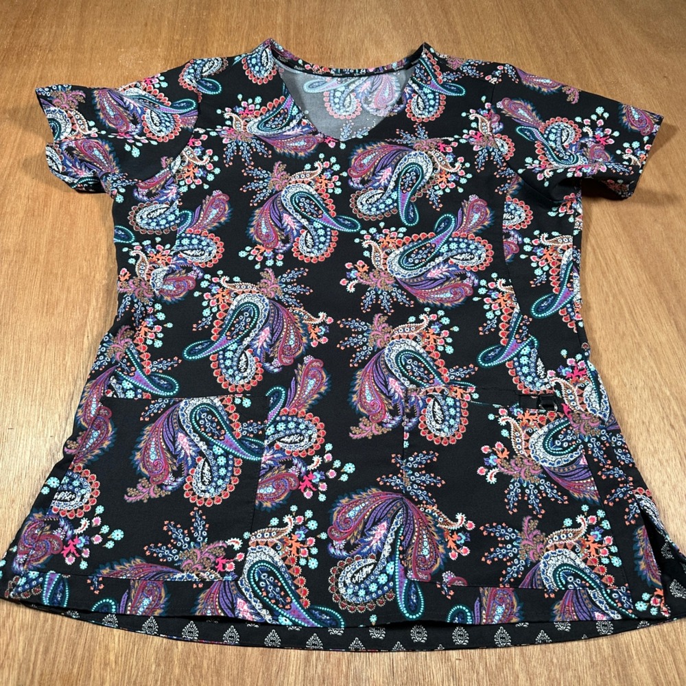 Womens Paisley Scrub Top S Black Multicolor V Neck Medical Nurse Pockets